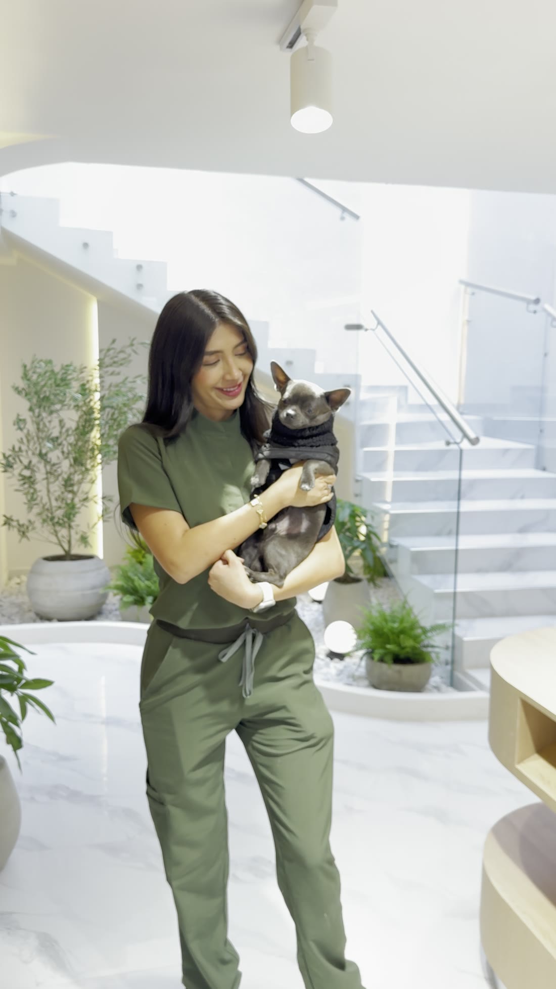 Auxiliar veterinaria cargando un perro